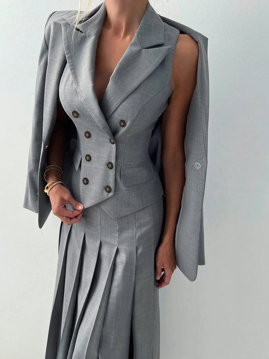 3pcs Fitted Vest Pleated Midi Skirt Elegant Work Business Suit Set