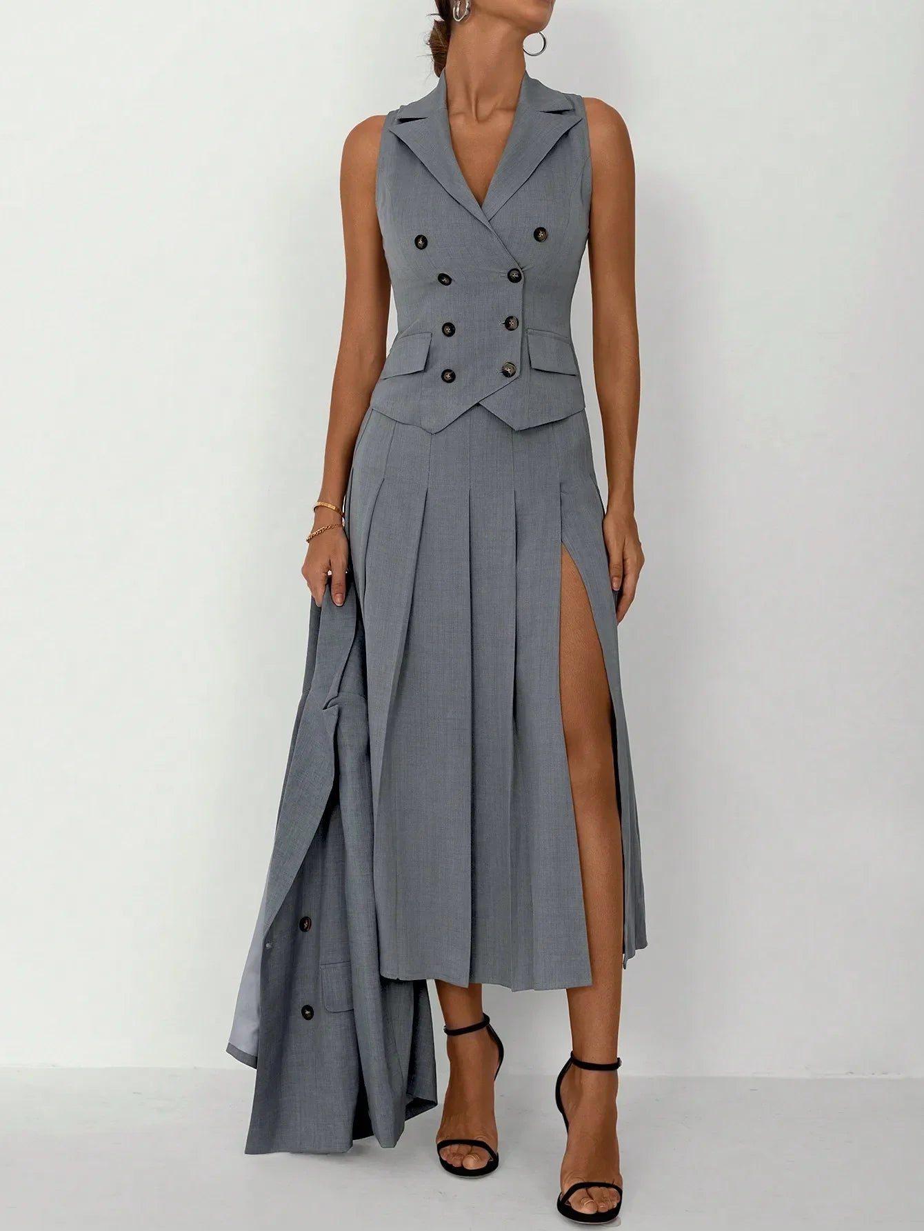 3pcs Fitted Vest Pleated Midi Skirt Elegant Work Business Suit Set