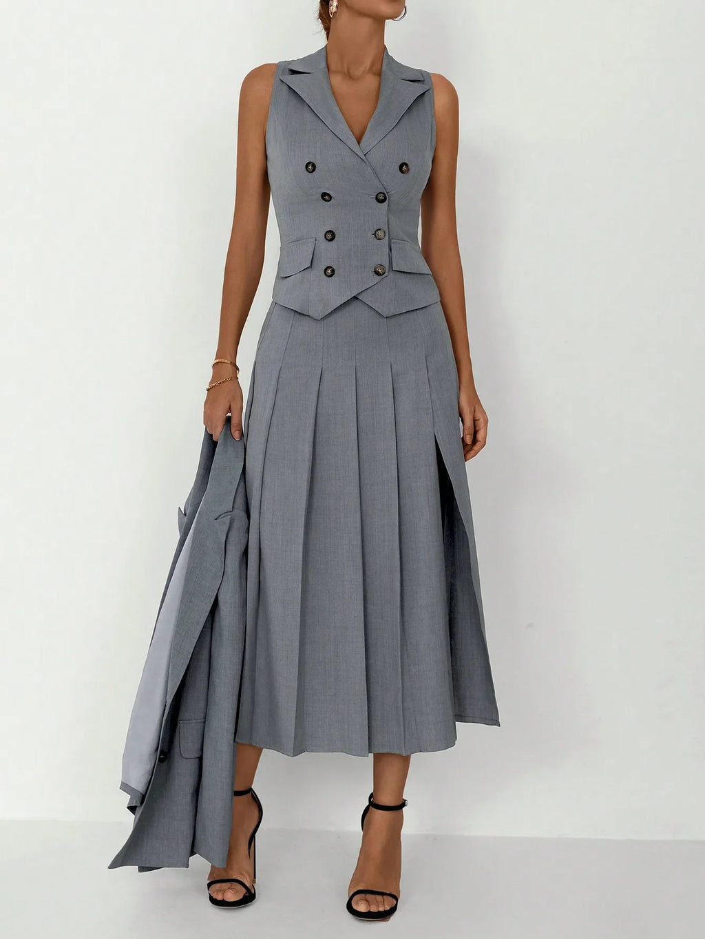 3pcs Fitted Vest Pleated Midi Skirt Elegant Work Business Suit Set