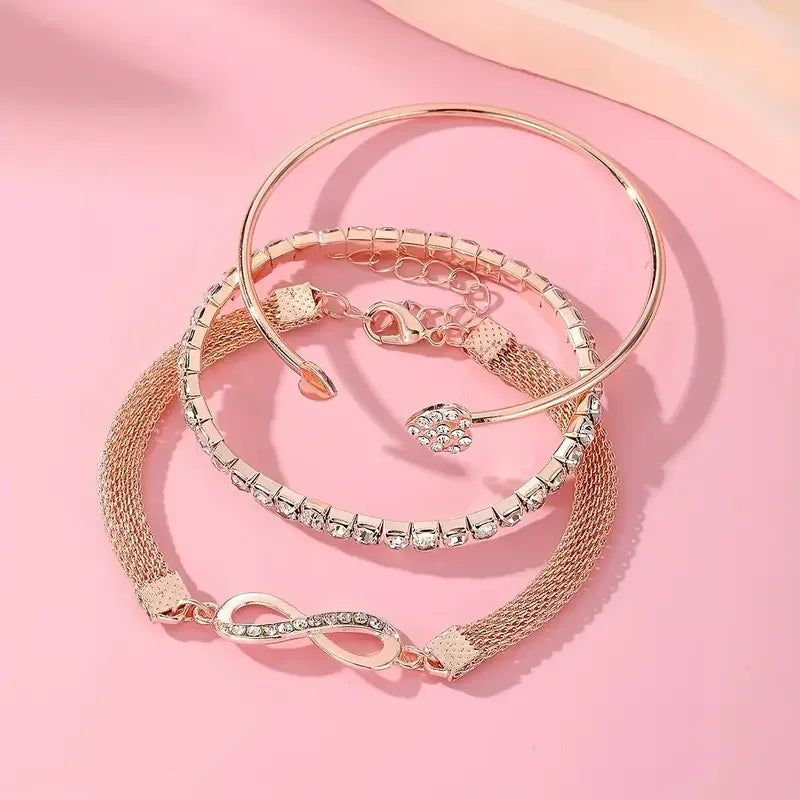 3pcs Vintage Rhinestone Heart Infinity Adjustable Cuff Bracelet Set