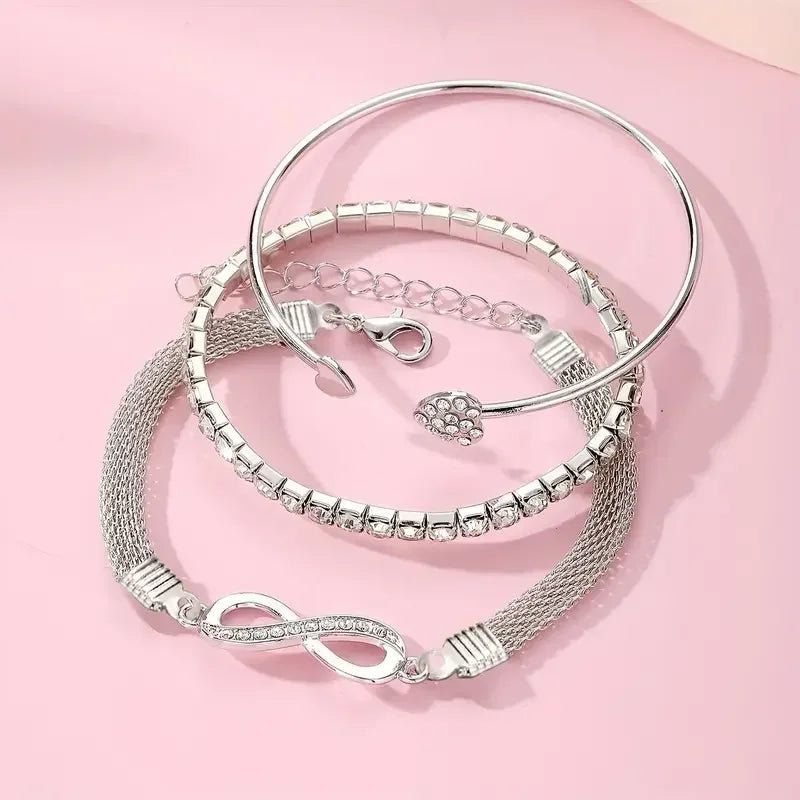 3pcs Vintage Rhinestone Heart Infinity Adjustable Cuff Bracelet Set