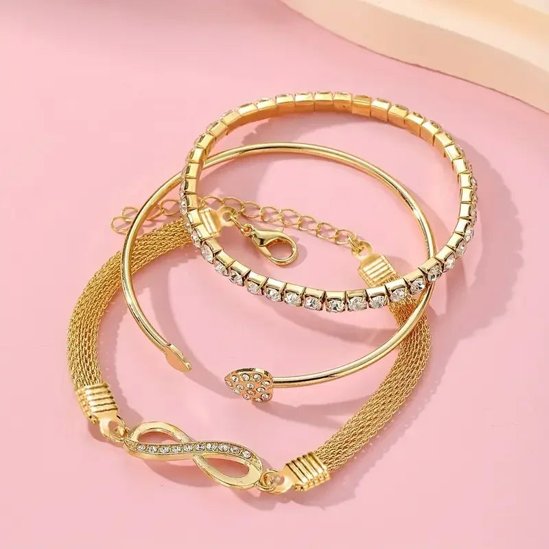 3pcs Vintage Rhinestone Heart Infinity Adjustable Cuff Bracelet Set