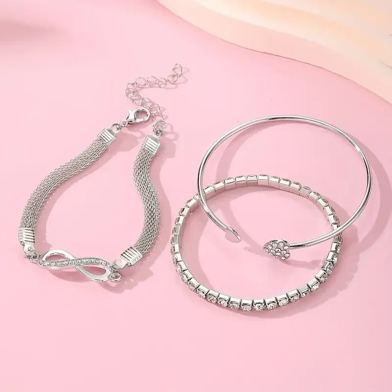 3pcs Vintage Rhinestone Heart Infinity Adjustable Cuff Bracelet Set