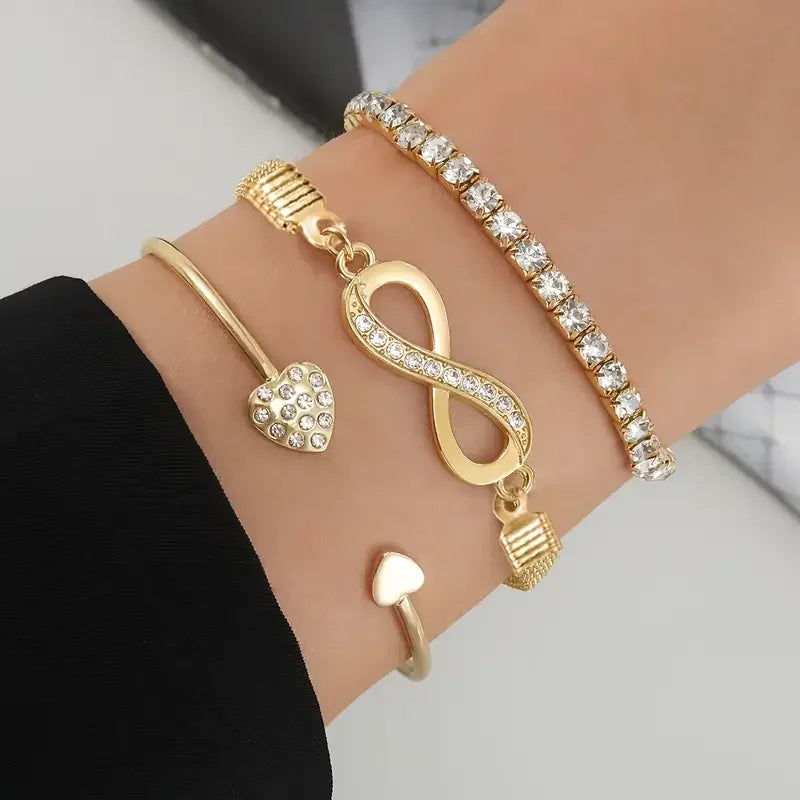 3pcs Vintage Rhinestone Heart Infinity Adjustable Cuff Bracelet Set