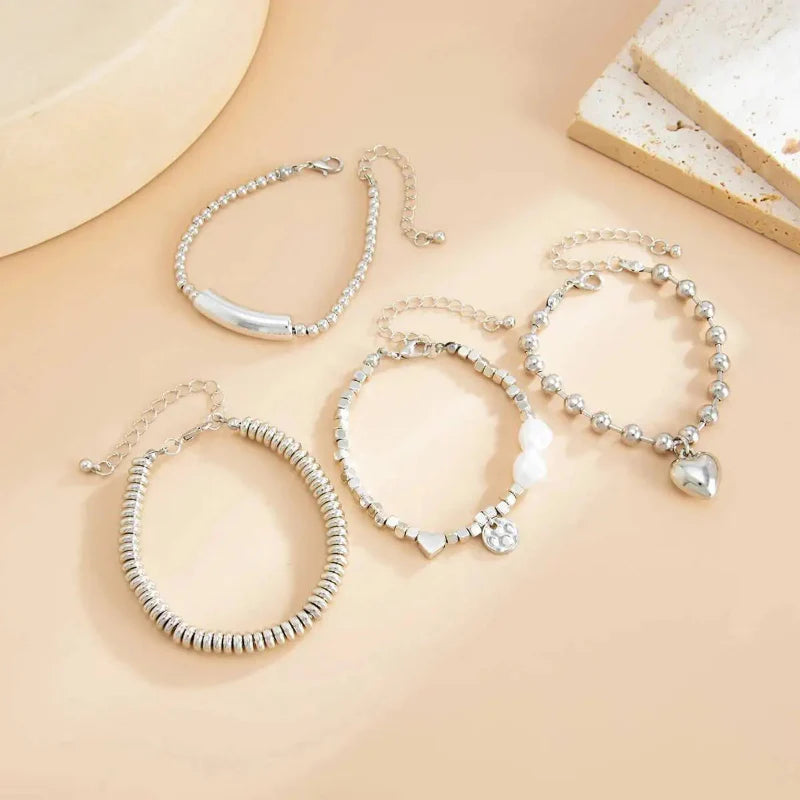 4pcs Trendy Pearl Metal Heart Bracelet Set Creative Silver Color Chain