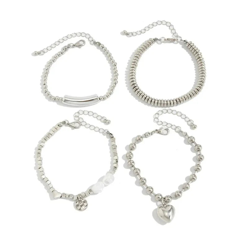 4pcs Trendy Pearl Metal Heart Bracelet Set Creative Silver Color Chain
