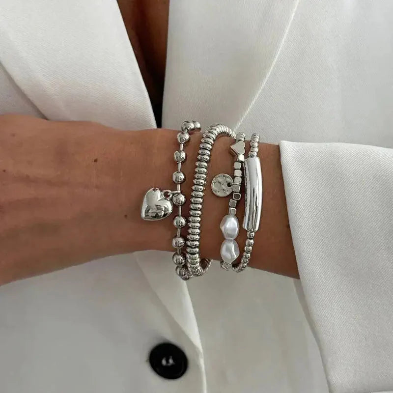 4pcs Trendy Pearl Metal Heart Bracelet Set Creative Silver Color Chain