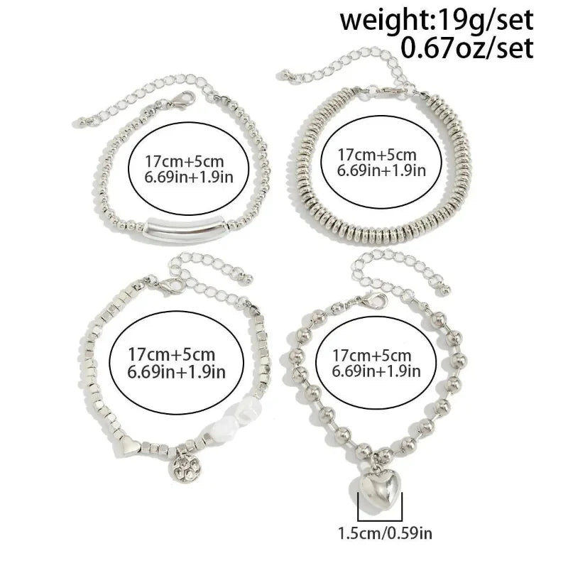 4pcs Trendy Pearl Metal Heart Bracelet Set Creative Silver Color Chain