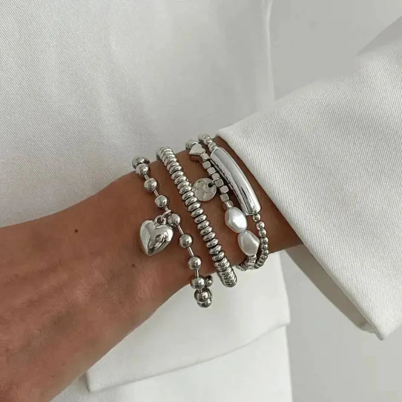 4pcs Trendy Pearl Metal Heart Bracelet Set Creative Silver Color Chain