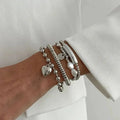 4pcs Trendy Pearl Metal Heart Bracelet Set Creative Silver Color Chain