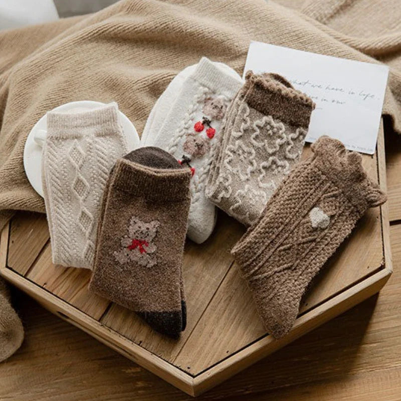 5 Pairs Autumn Winter Warm Socks Thick Retro Mid-Tube Cotton Socks