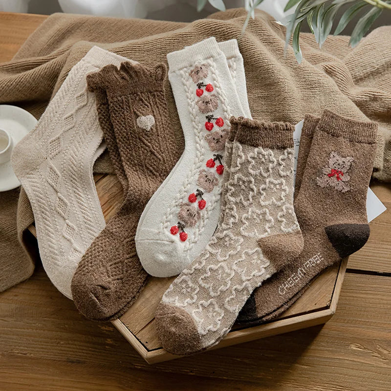 5 Pairs Autumn Winter Warm Socks Thick Retro Mid-Tube Cotton Socks