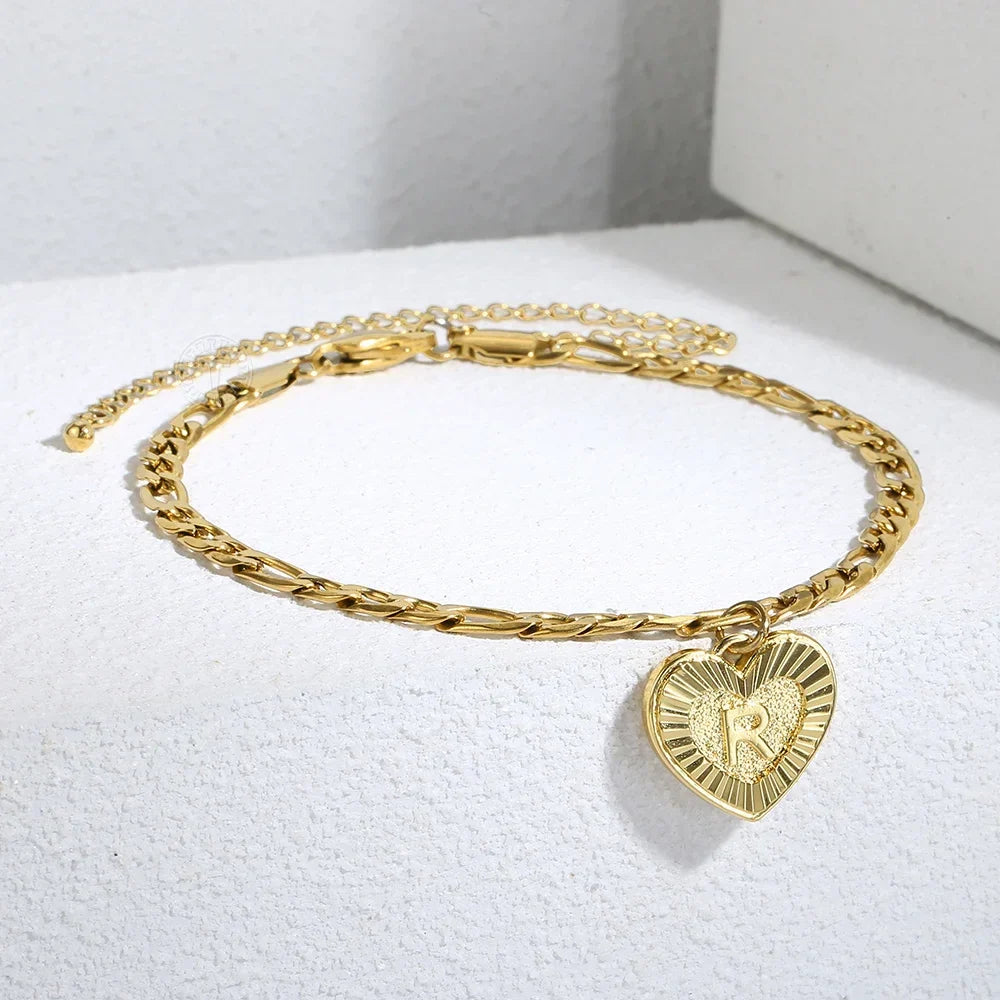 5MM Stainless Steel Heart Shaped Initial Letter Figaro Charm Anklet