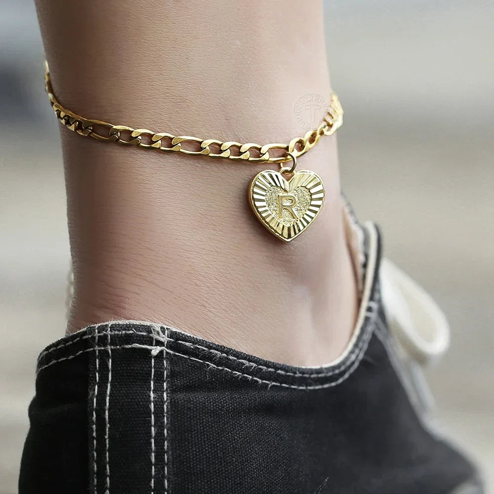5MM Stainless Steel Heart Shaped Initial Letter Figaro Charm Anklet