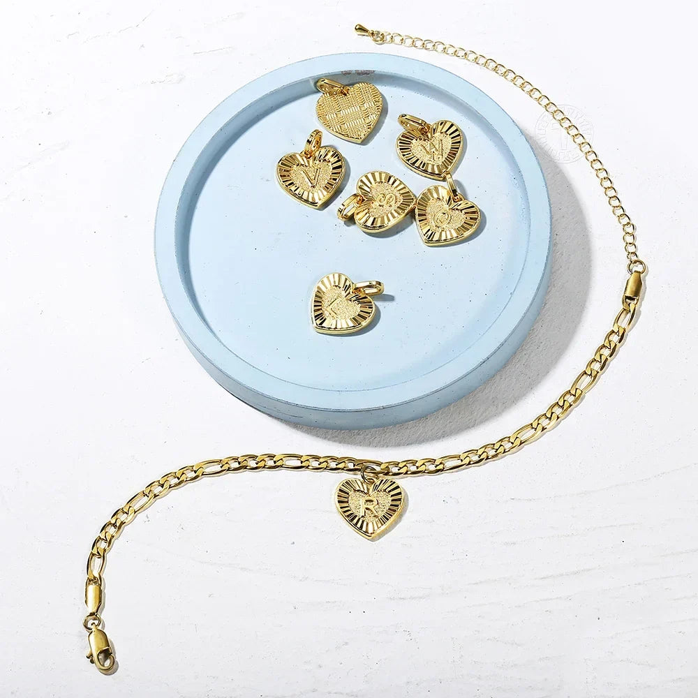 5MM Stainless Steel Heart Shaped Initial Letter Figaro Charm Anklet