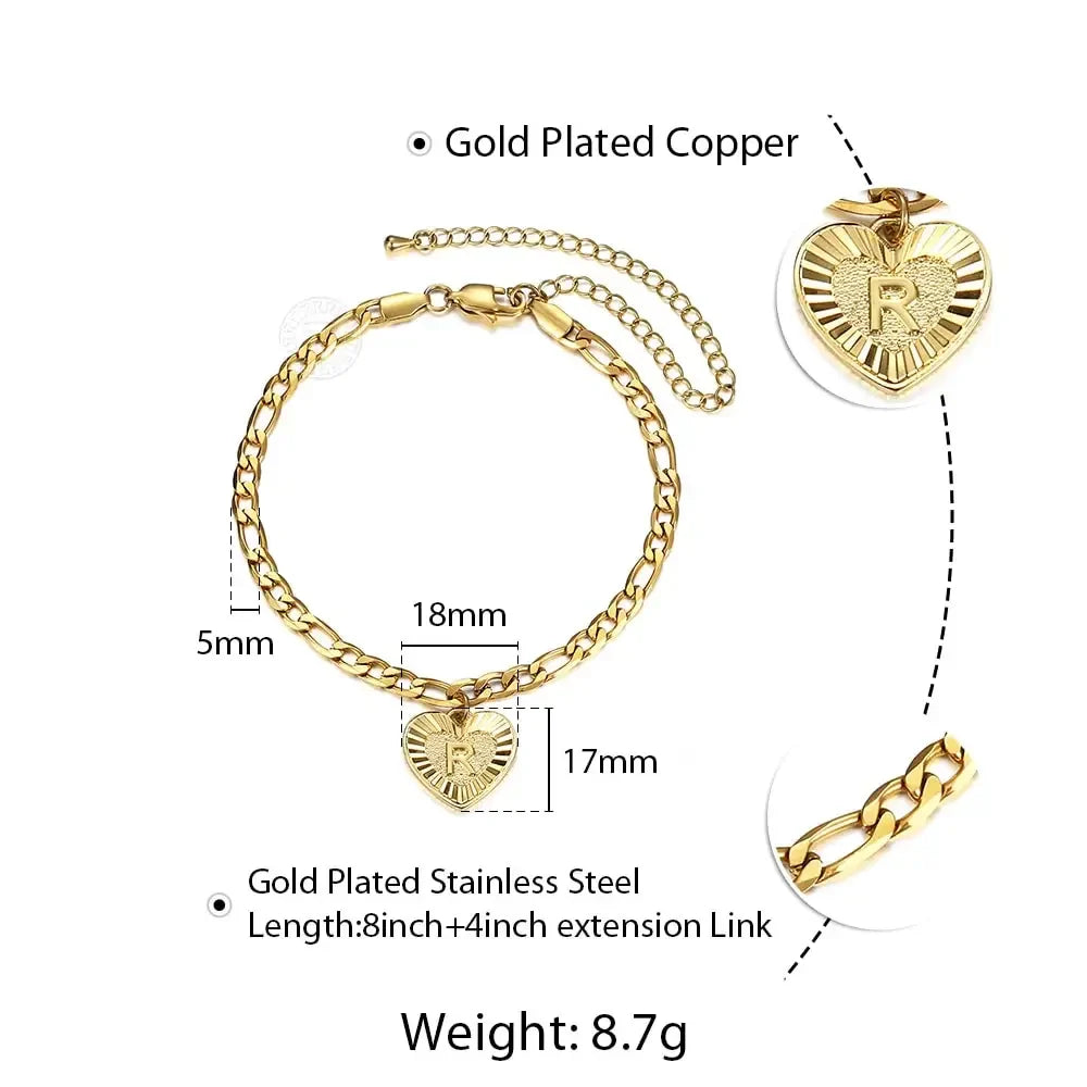 5MM Stainless Steel Heart Shaped Initial Letter Figaro Charm Anklet