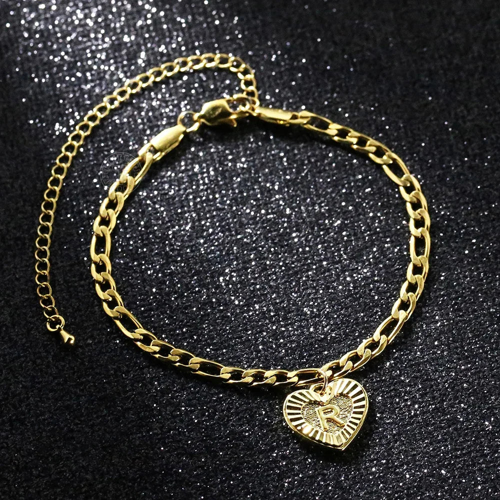 5MM Stainless Steel Heart Shaped Initial Letter Figaro Charm Anklet
