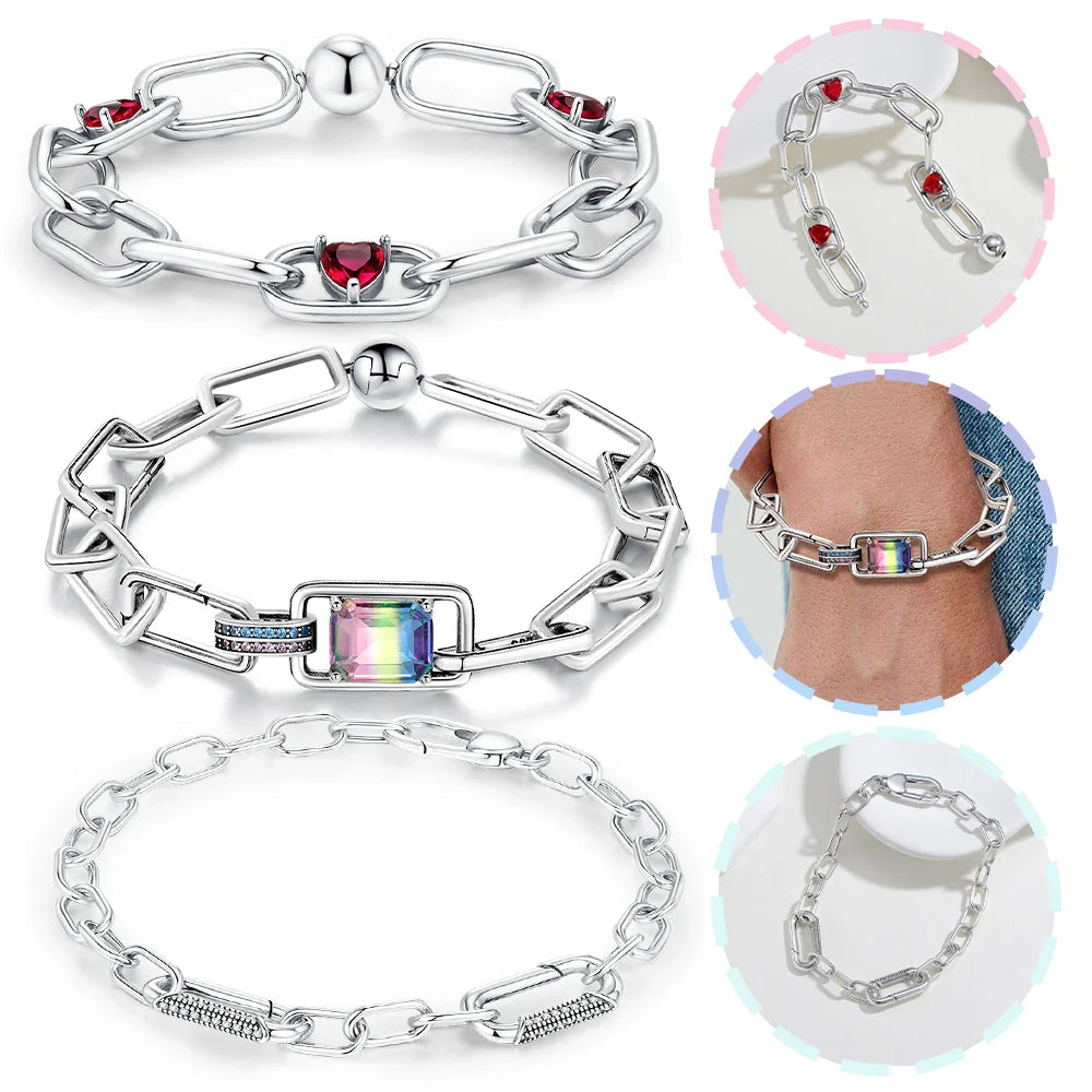 925 Sterling Silver Chain Rainbow Gem Bracelet Charm Jewelry Gift