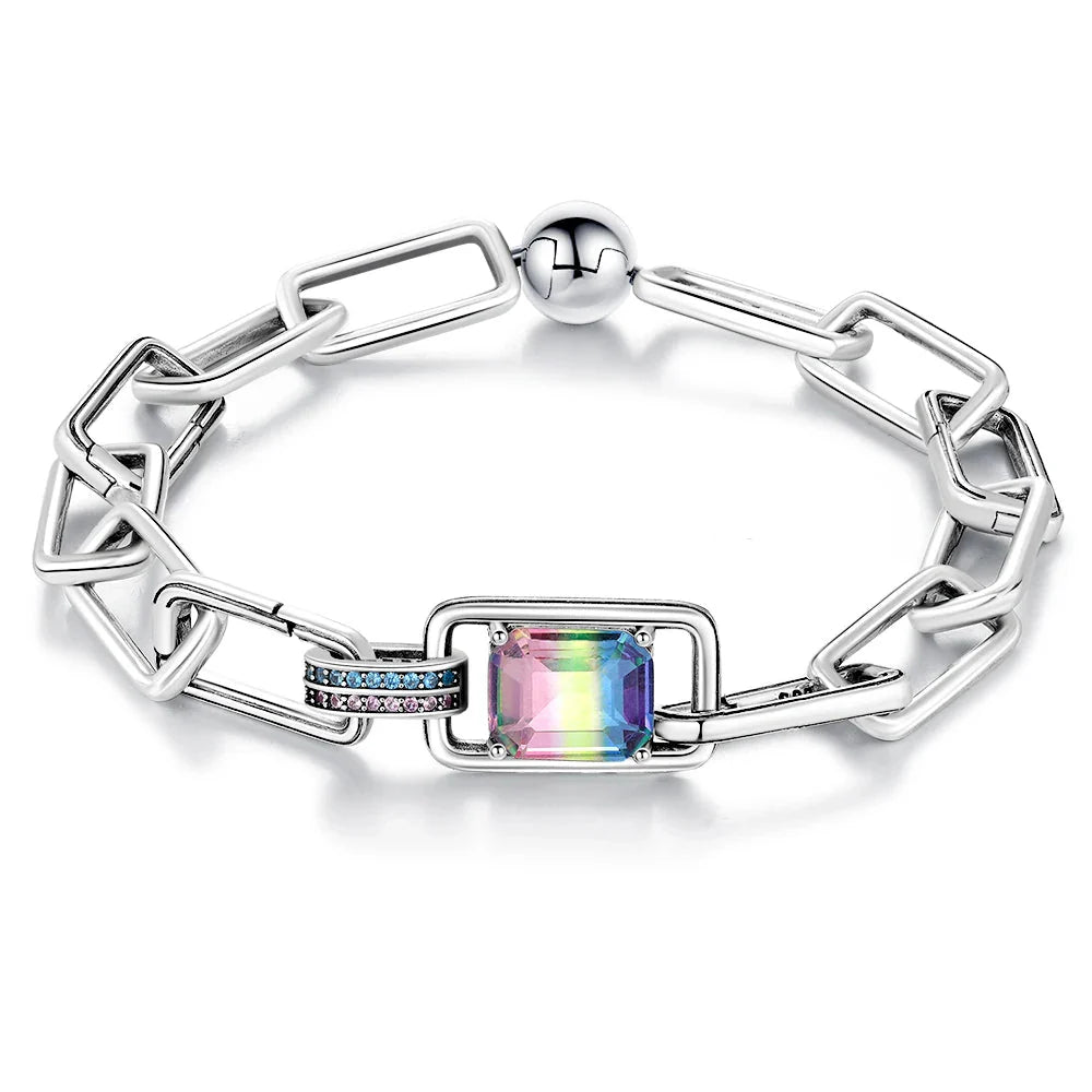 925 Sterling Silver Chain Rainbow Gem Bracelet Charm Jewelry Gift