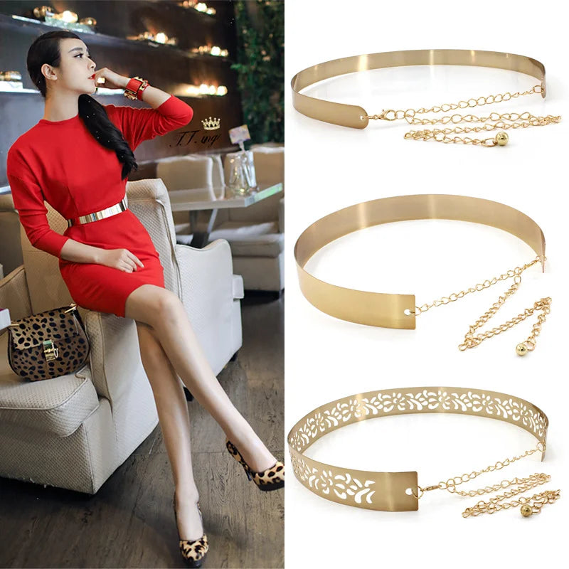 Adjustable Fashion Waist Belt Wide Bling Plate Mirror Chain Cummerbund