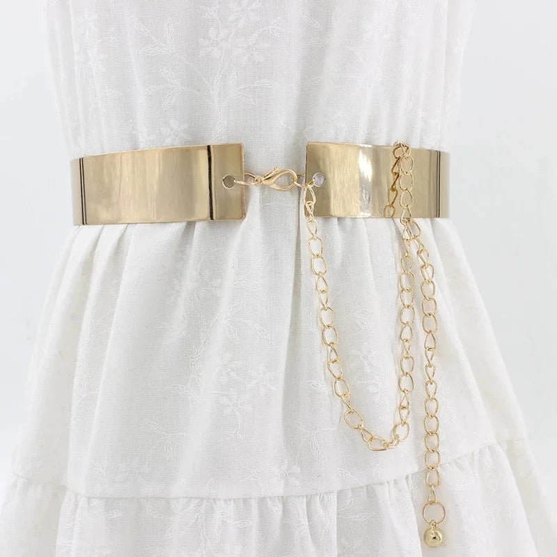 Adjustable Fashion Waist Belt Wide Bling Plate Mirror Chain Cummerbund