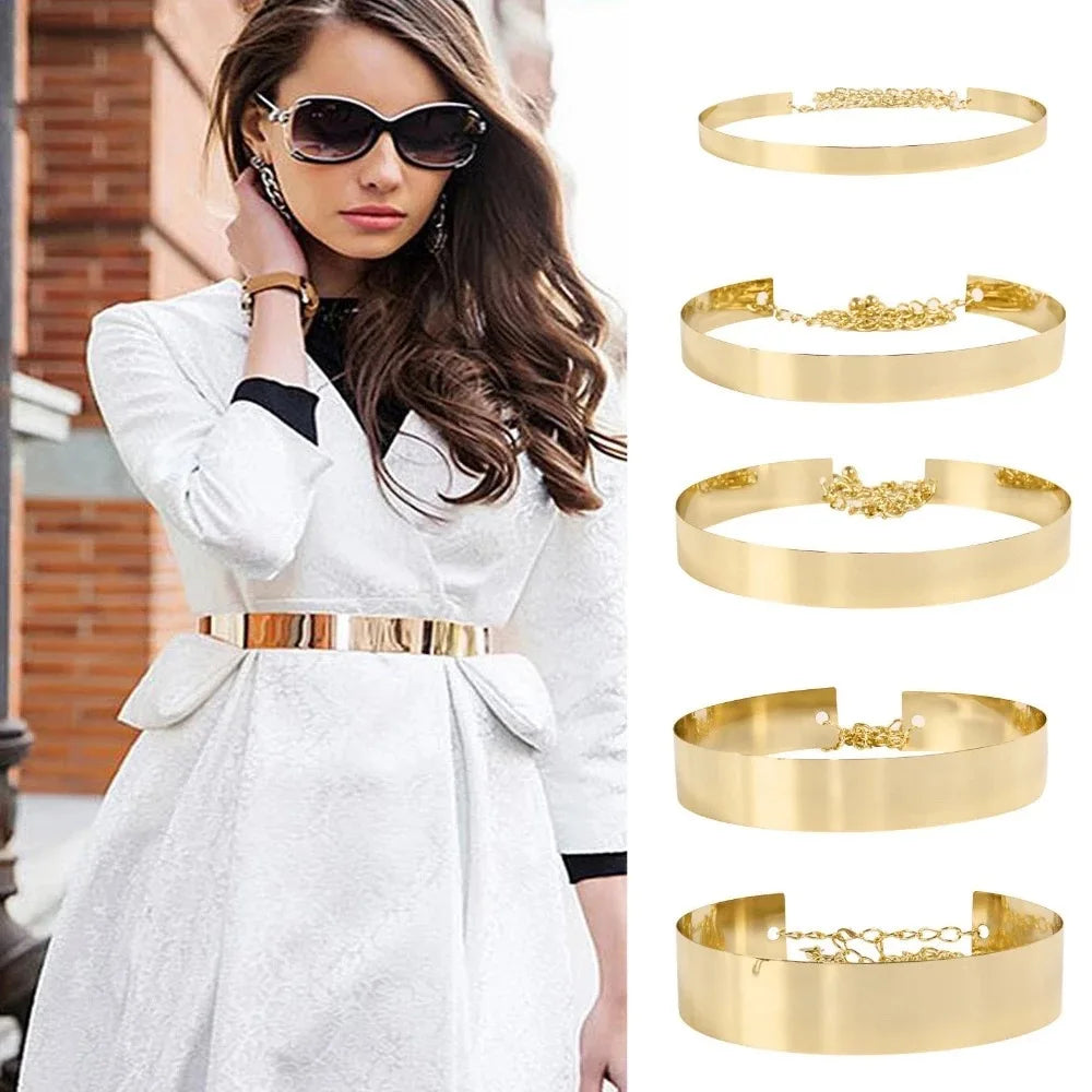 Adjustable Fashion Waist Belt Wide Bling Plate Mirror Chain Cummerbund