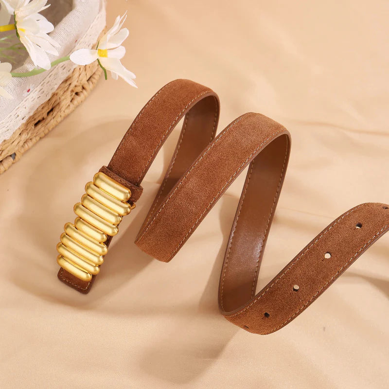 Adjustable Vintage Suede Cowhide Leather Waist Belt with Gold Buckle