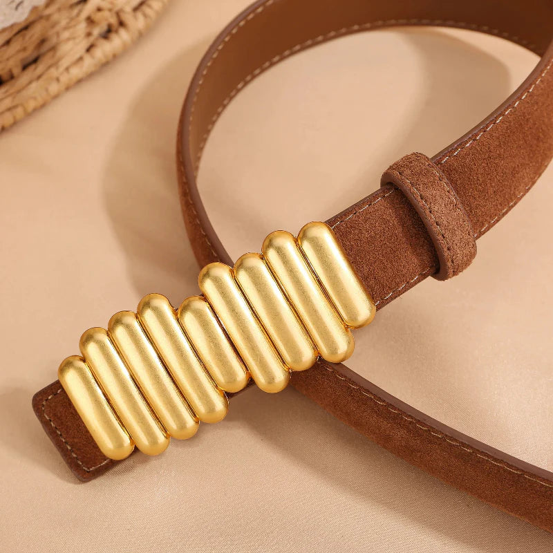 Adjustable Vintage Suede Cowhide Leather Waist Belt with Gold Buckle