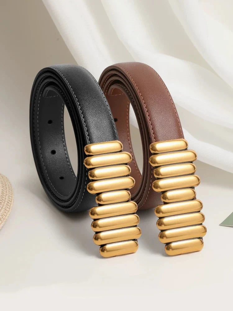 Adjustable Vintage Suede Cowhide Leather Waist Belt with Gold Buckle