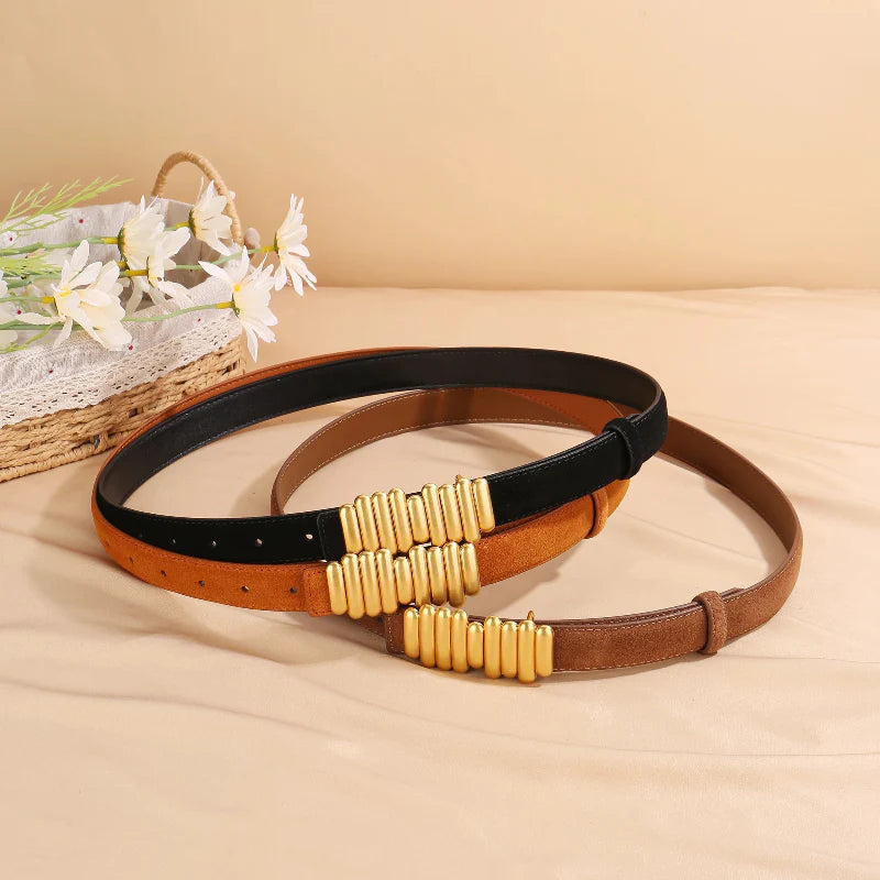 Adjustable Vintage Suede Cowhide Leather Waist Belt with Gold Buckle