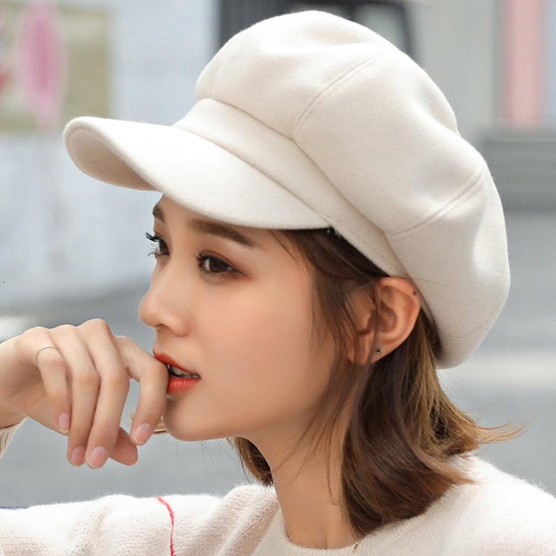 Adjustable Winter Beret for Women Solid Plain Octagonal Newsboy Cap