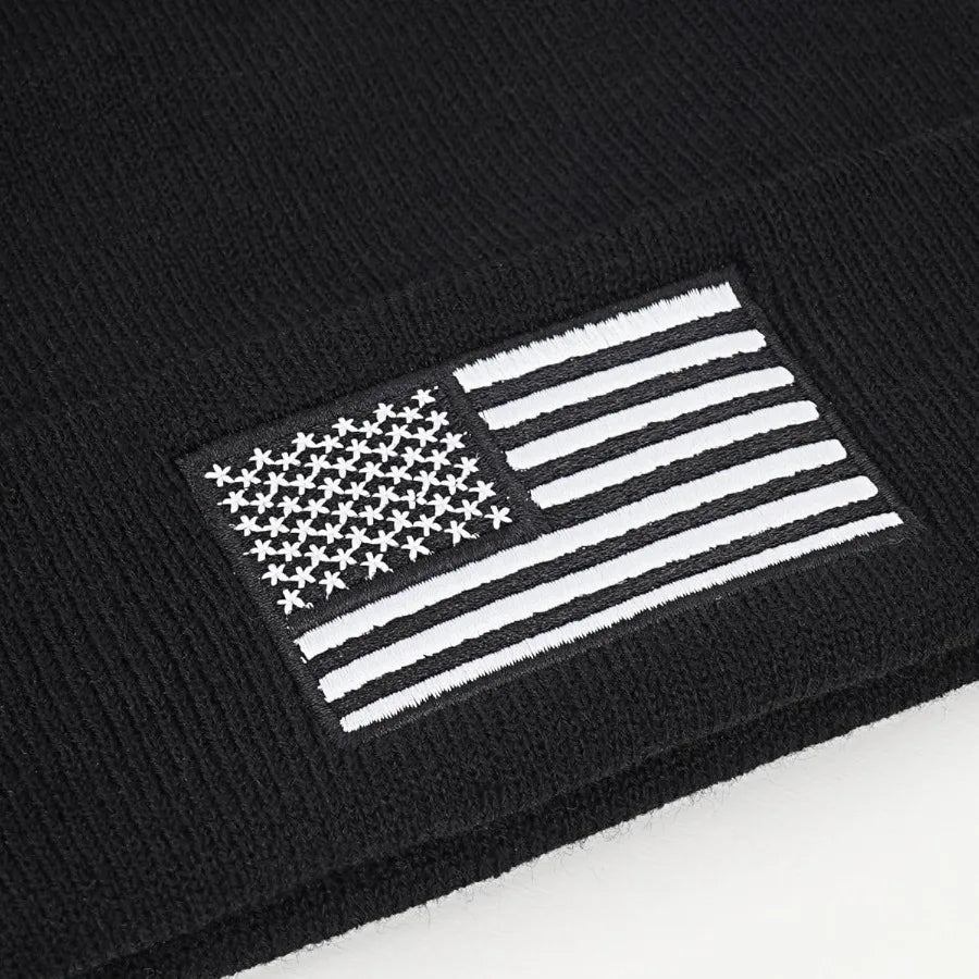 American Flag Embroidered Beanie Hat Winter Warm Black Knitted Hat