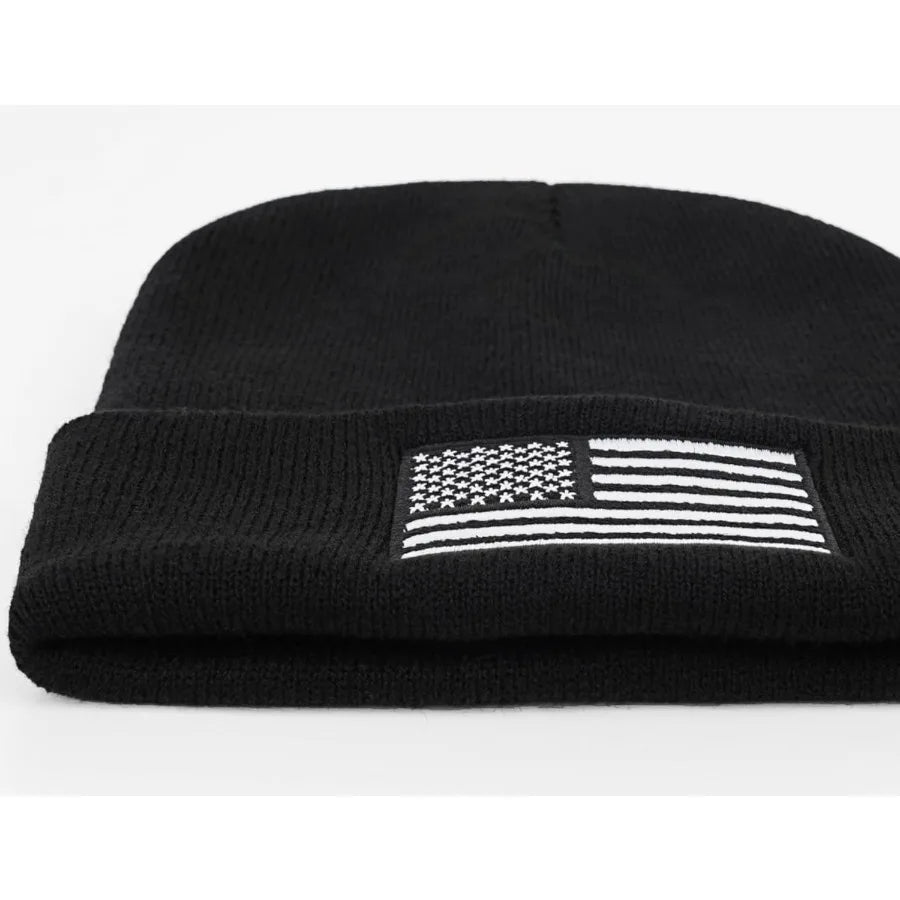 American Flag Embroidered Beanie Hat Winter Warm Black Knitted Hat