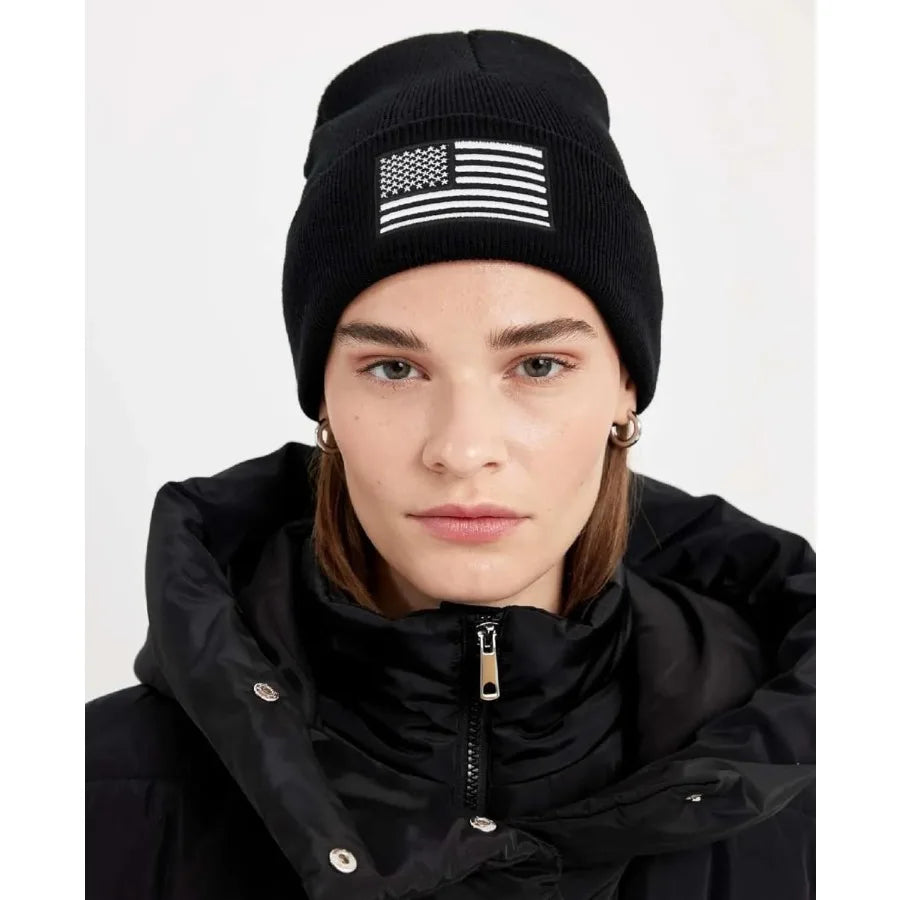 American Flag Embroidered Beanie Hat Winter Warm Black Knitted Hat