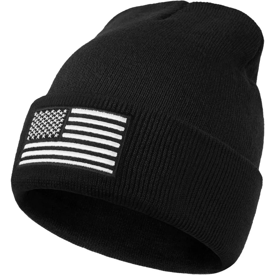 American Flag Embroidered Beanie Hat Winter Warm Black Knitted Hat