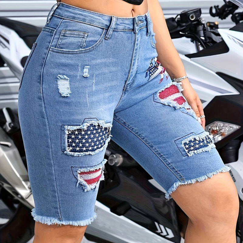American Flag Embroidered Denim Bermuda Shorts Ripped Stretch Jeans