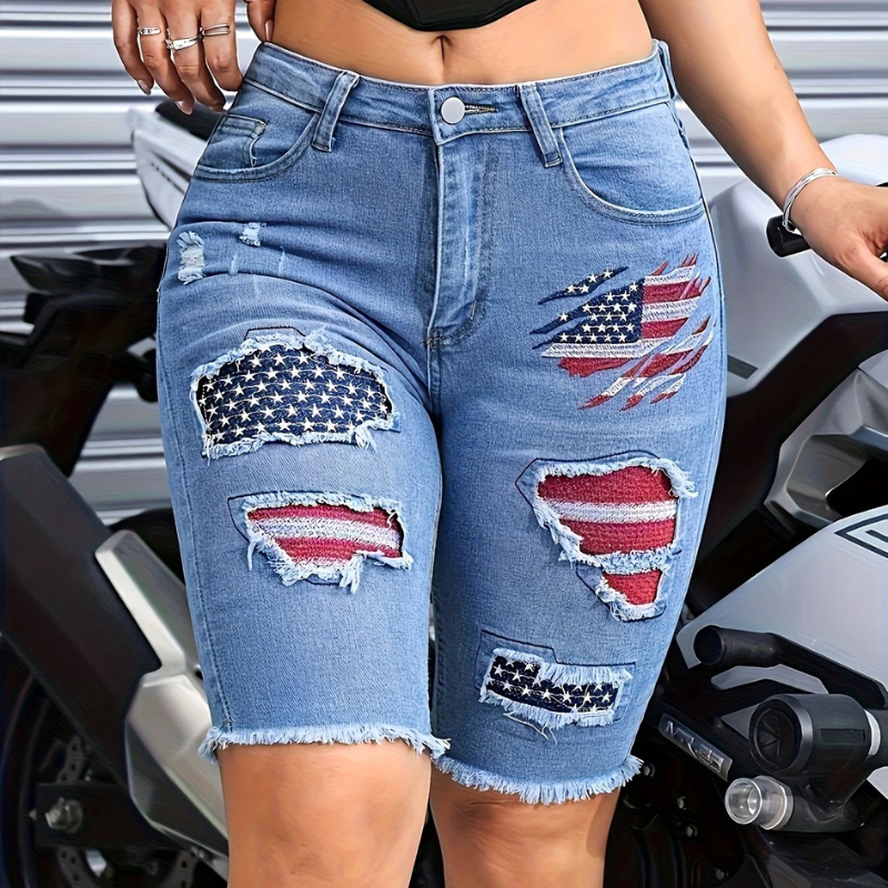 American Flag Embroidered Denim Bermuda Shorts Ripped Stretch Jeans