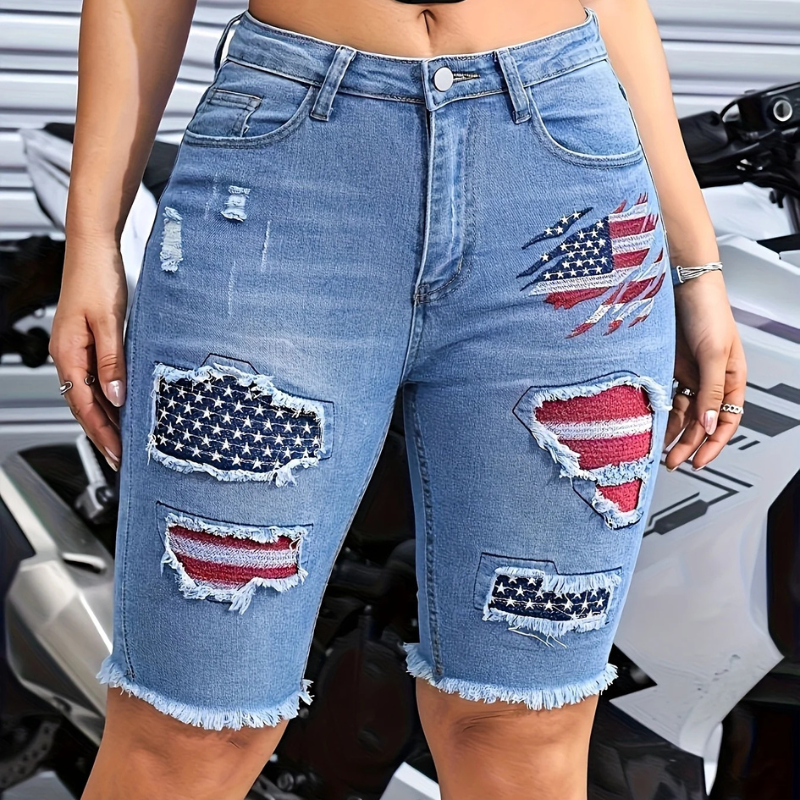 American Flag Embroidered Denim Bermuda Shorts Ripped Stretch Jeans