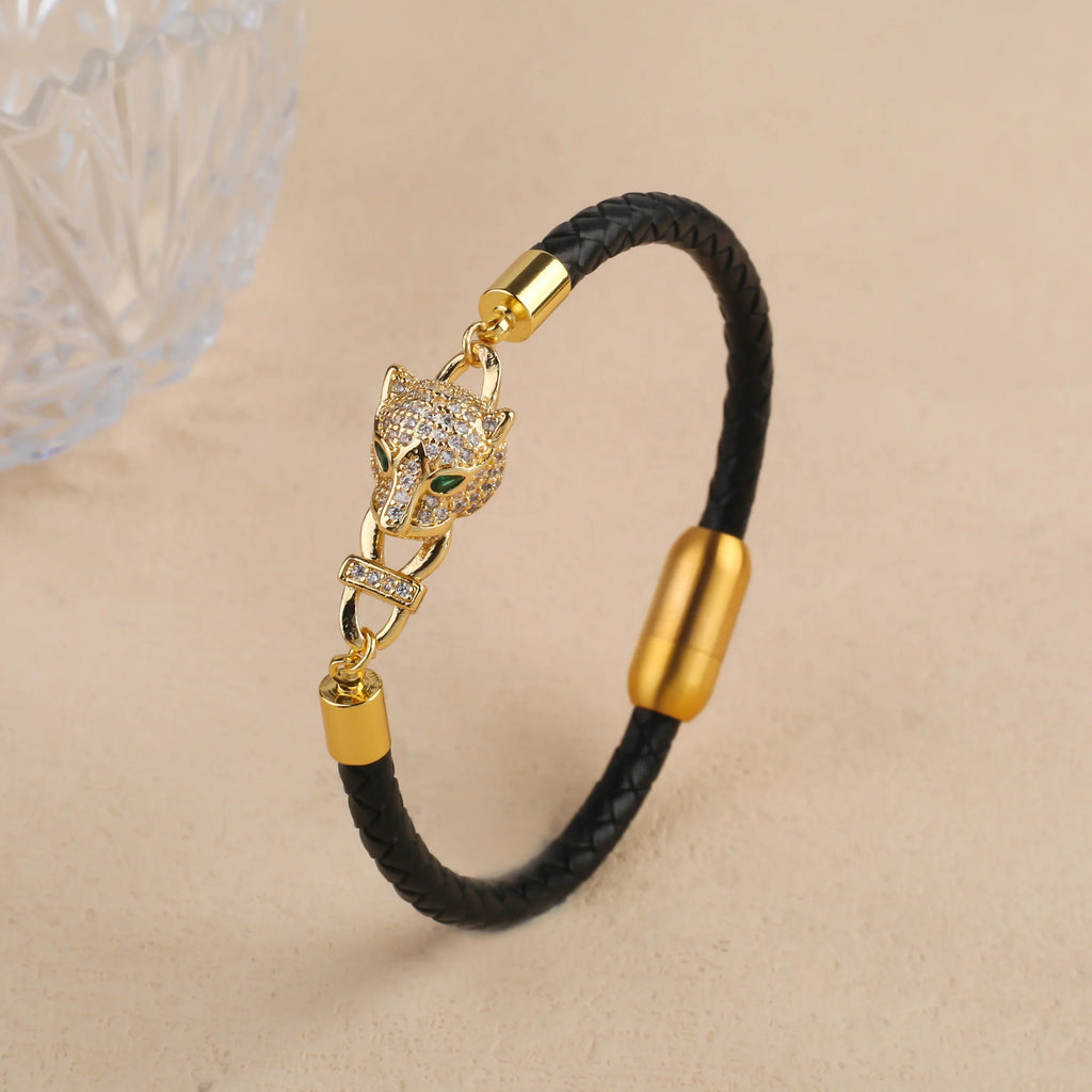 Animal Head Braided Leather Rope Bracelet Stainless Steel Zirconia