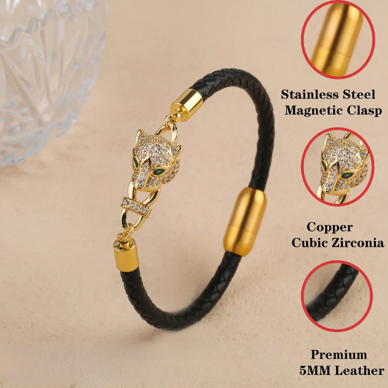 Animal Head Braided Leather Rope Bracelet Stainless Steel Zirconia