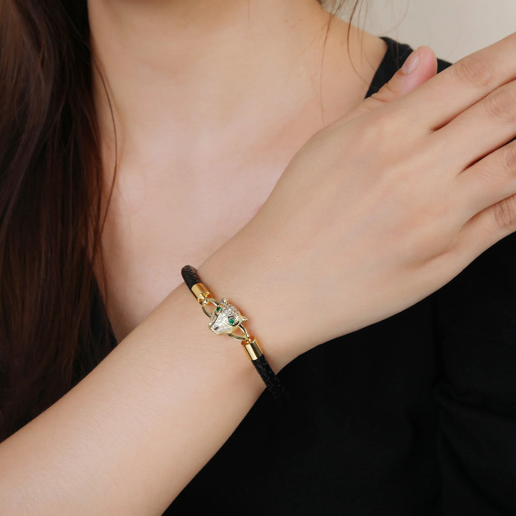 Animal Head Braided Leather Rope Bracelet Stainless Steel Zirconia