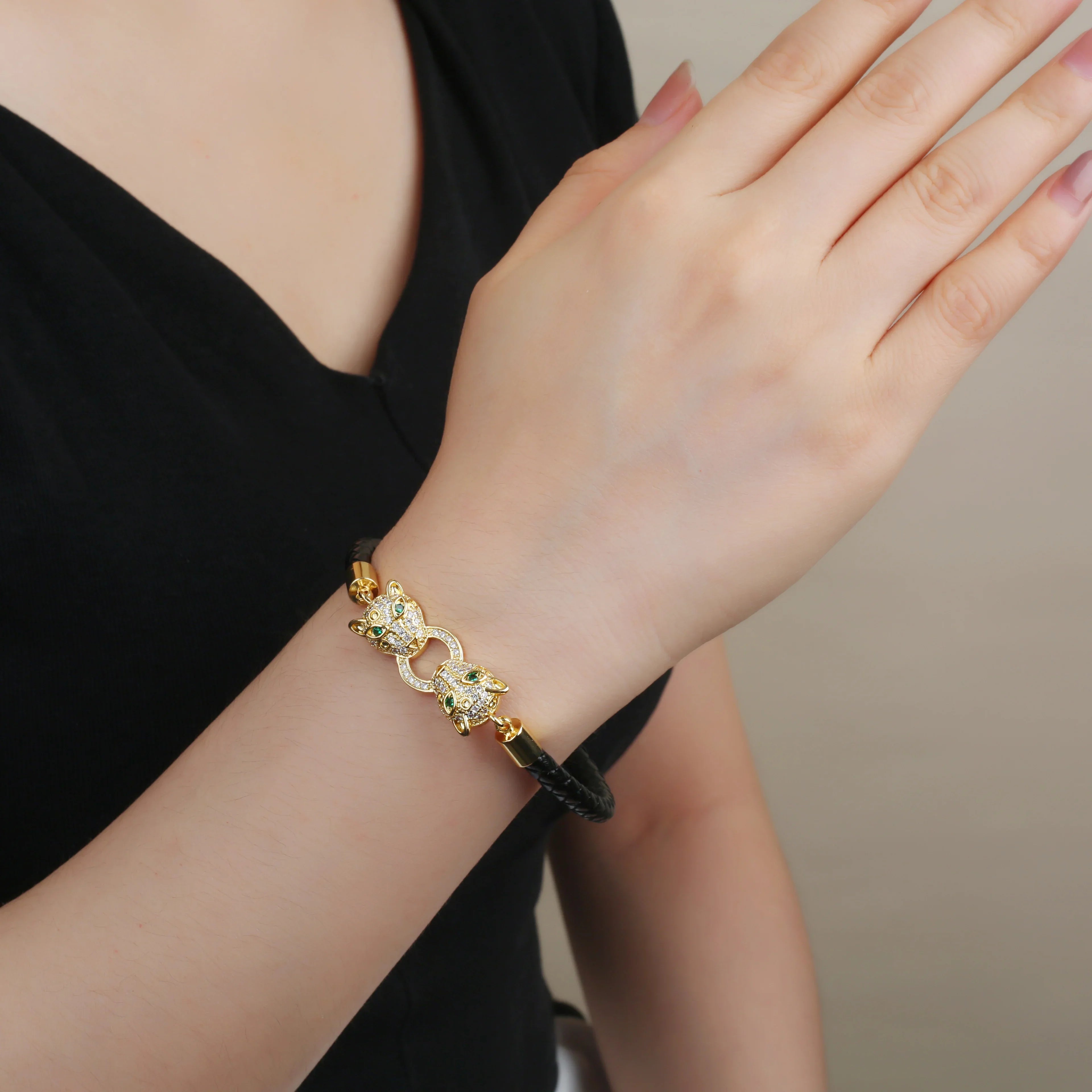 Animal Head Braided Leather Rope Bracelet Stainless Steel Zirconia