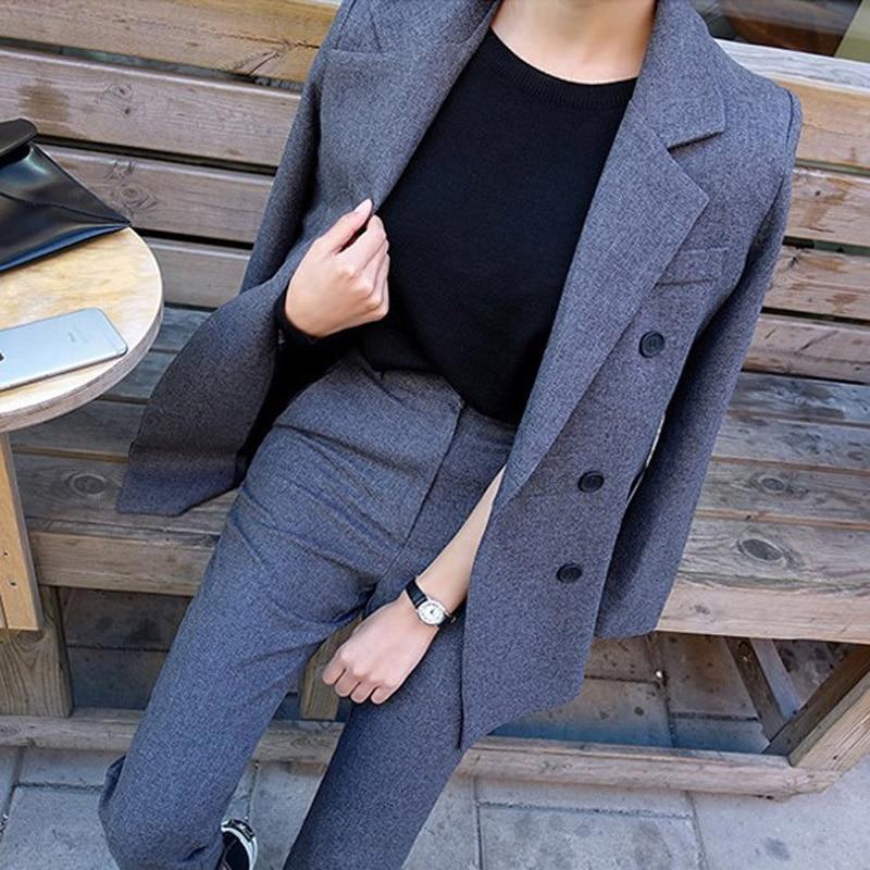 Grey Blazer Jacket & Zipper Trousers Suit Set